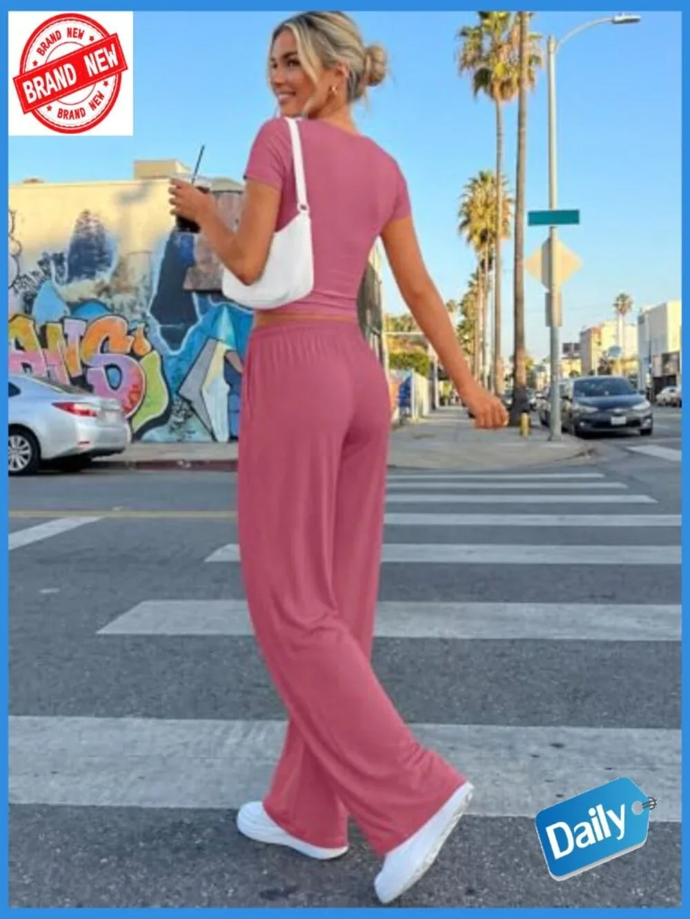 2 Piece Matching Lounge Set Side Ruching Top Wide Leg Pants with Pockets